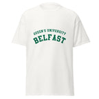 Unisex black t-shirt featuring Queen's University Belfast logo printed across the front chest