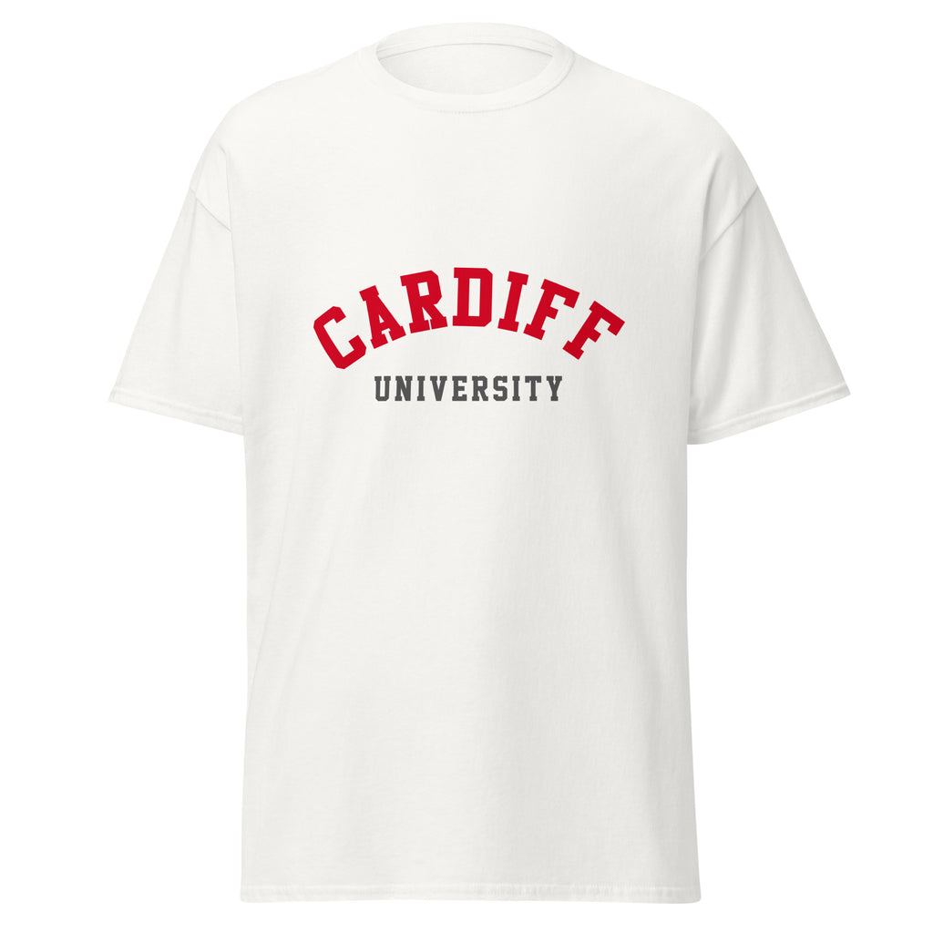 Unisex black t-shirt featuring Cardiff University logo printed across the front chest