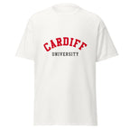 Unisex black t-shirt featuring Cardiff University logo printed across the front chest