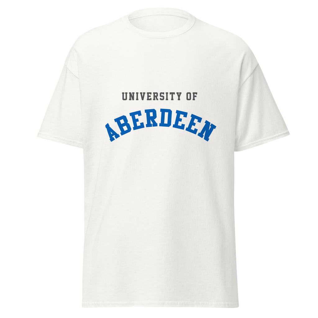 Unisex black t-shirt featuring University of Aberdeen logo printed across the front chest