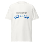 Unisex black t-shirt featuring University of Aberdeen logo printed across the front chest
