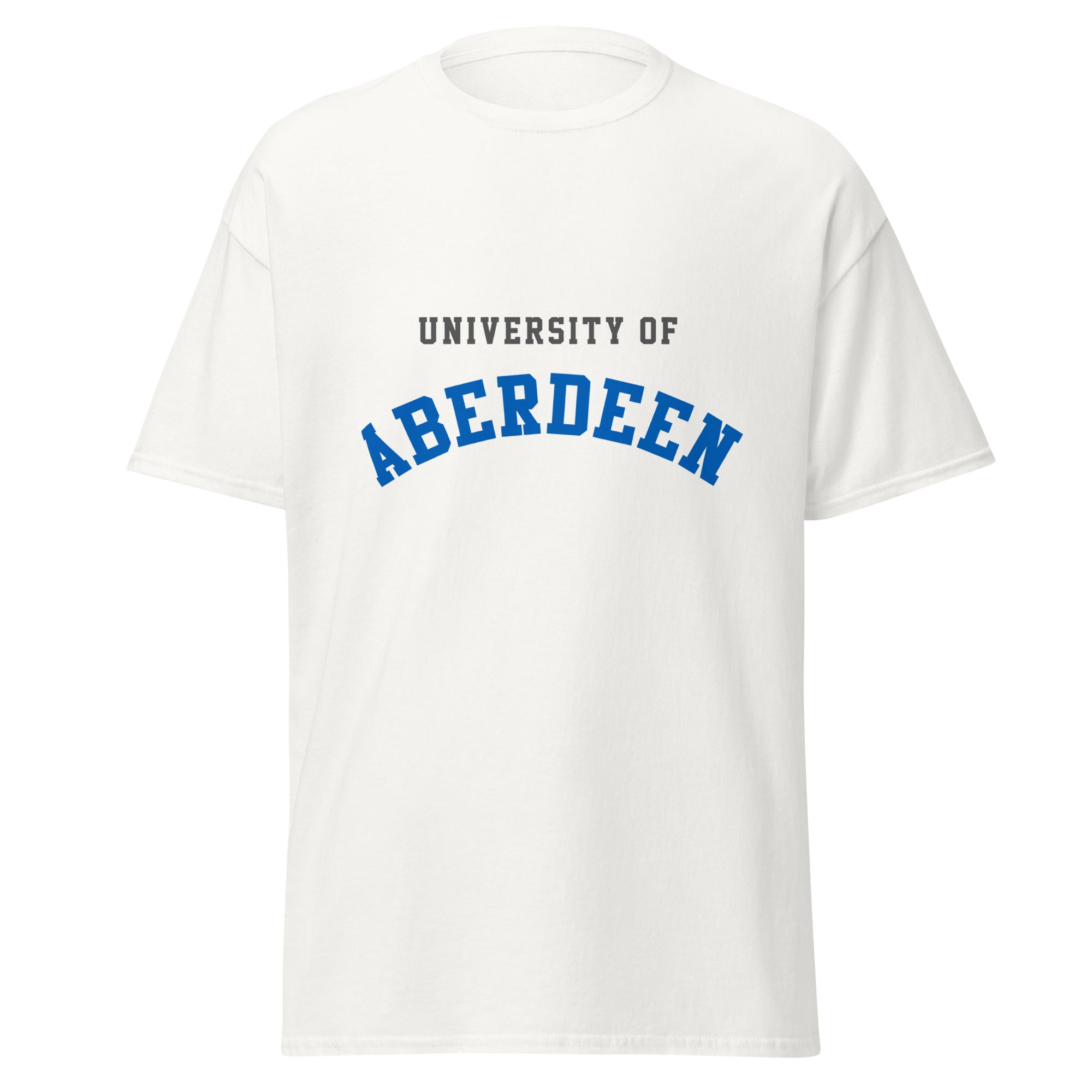 Unisex black t-shirt featuring University of Aberdeen logo printed across the front chest