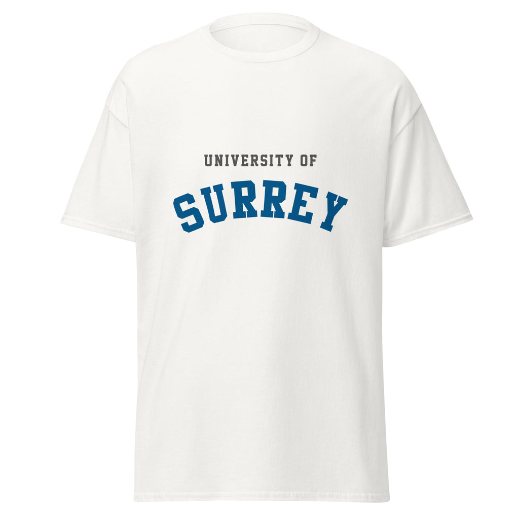 Unisex black t-shirt featuring University of Surrey logo printed across the front chest