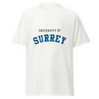 Unisex black t-shirt featuring University of Surrey logo printed across the front chest