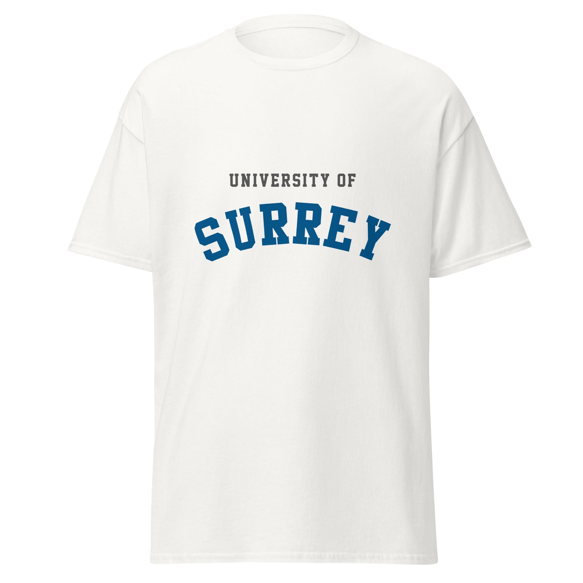 Unisex black t-shirt featuring University of Surrey logo printed across the front chest