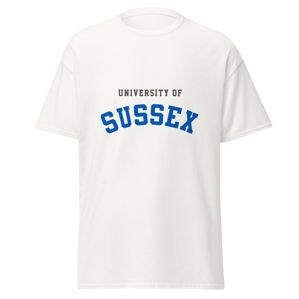 Unisex black t-shirt featuring University of Sussex logo printed across the front chest