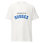 Unisex black t-shirt featuring University of Sussex logo printed across the front chest
