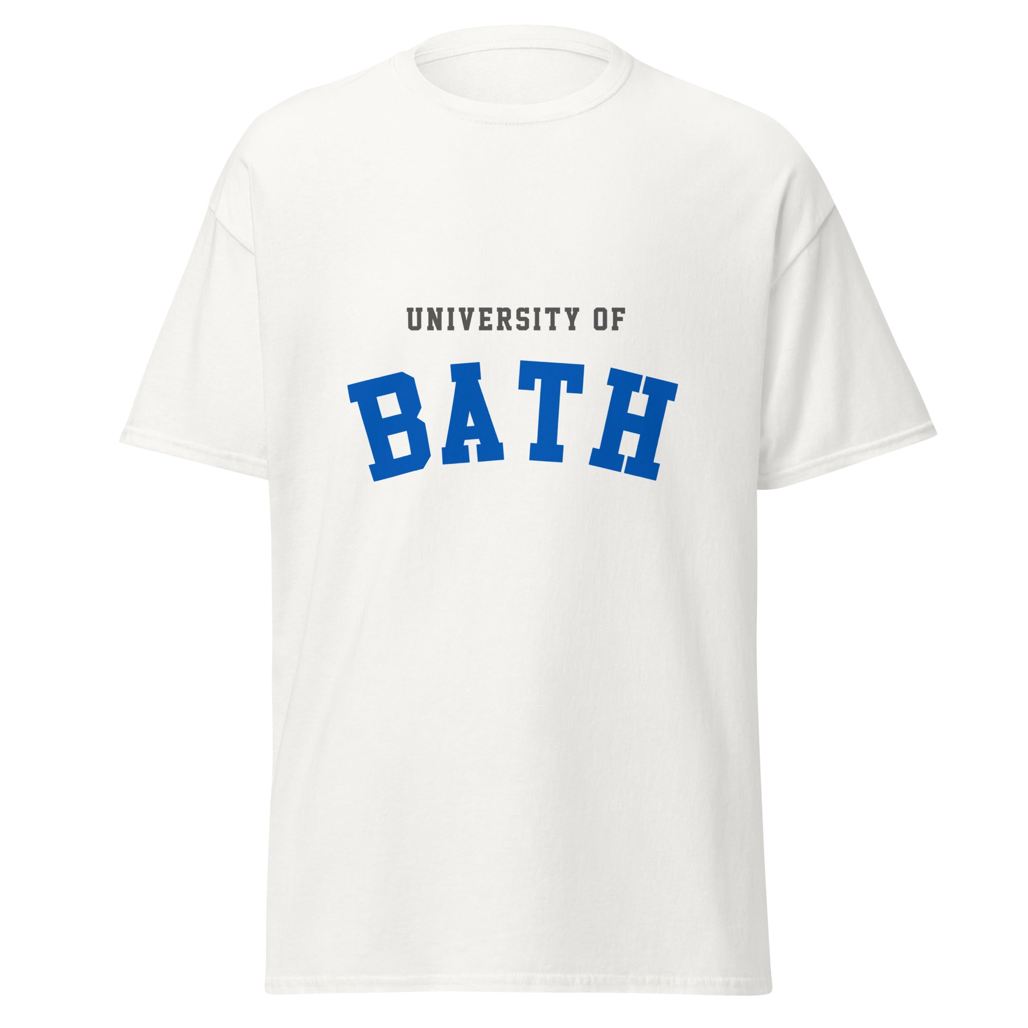 Unisex black t-shirt featuring University of Bath logo printed across the front chest