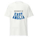 Unisex black t-shirt featuring University of East Anglia logo printed across the front chest