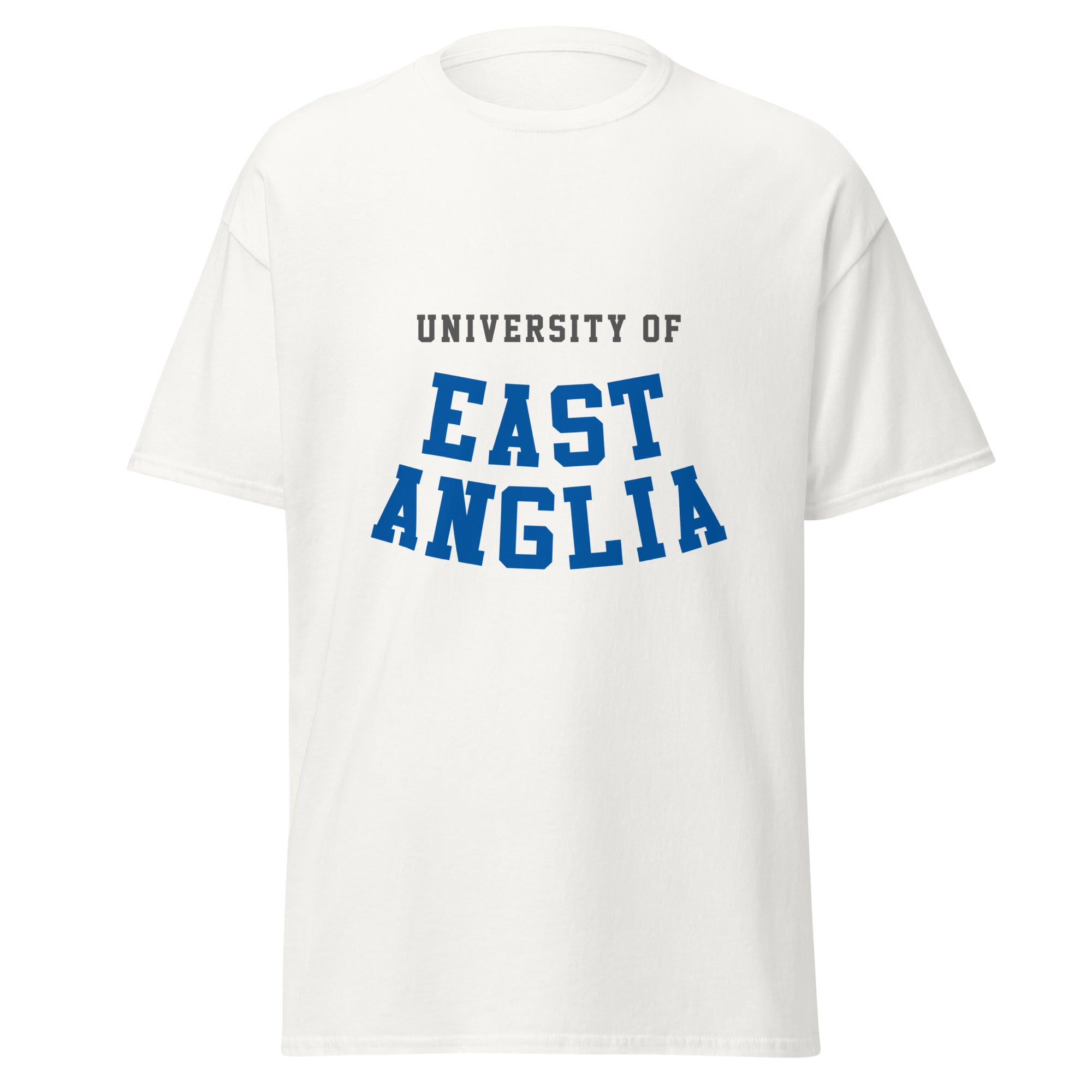 Unisex black t-shirt featuring University of East Anglia logo printed across the front chest