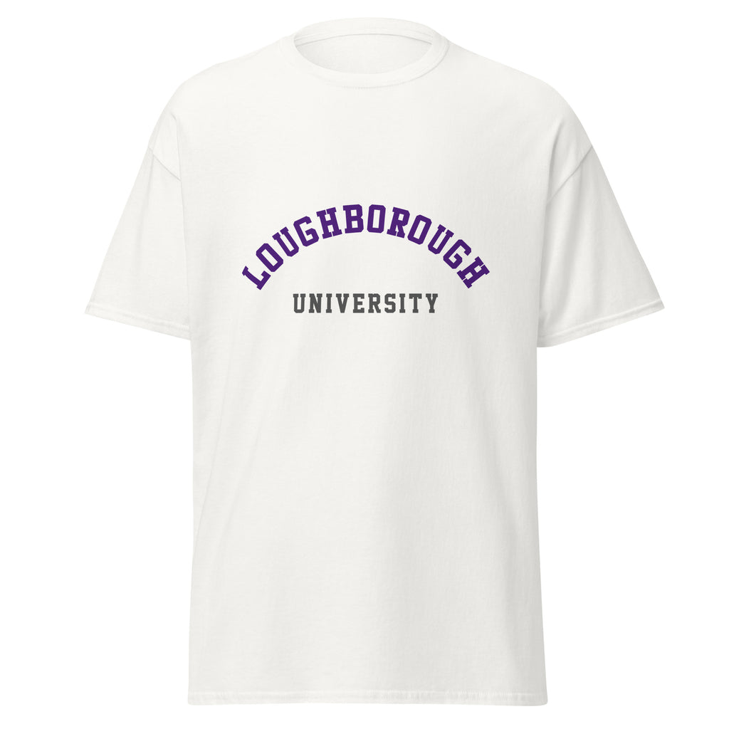 Unisex black t-shirt featuring Loughborough University logo printed across the front chest
