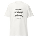 Unisex black t-shirt with Matthew 5:16 Bible verse printed in black text on front