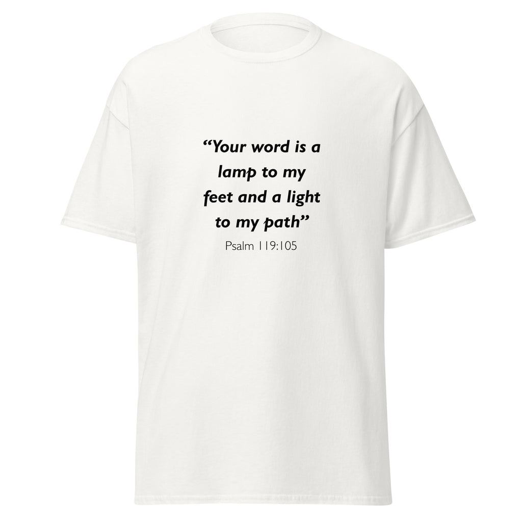 Unisex navy blue t-shirt with Psalm 119:105 Bible verse printed in black text on front