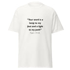 Unisex navy blue t-shirt with Psalm 119:105 Bible verse printed in black text on front
