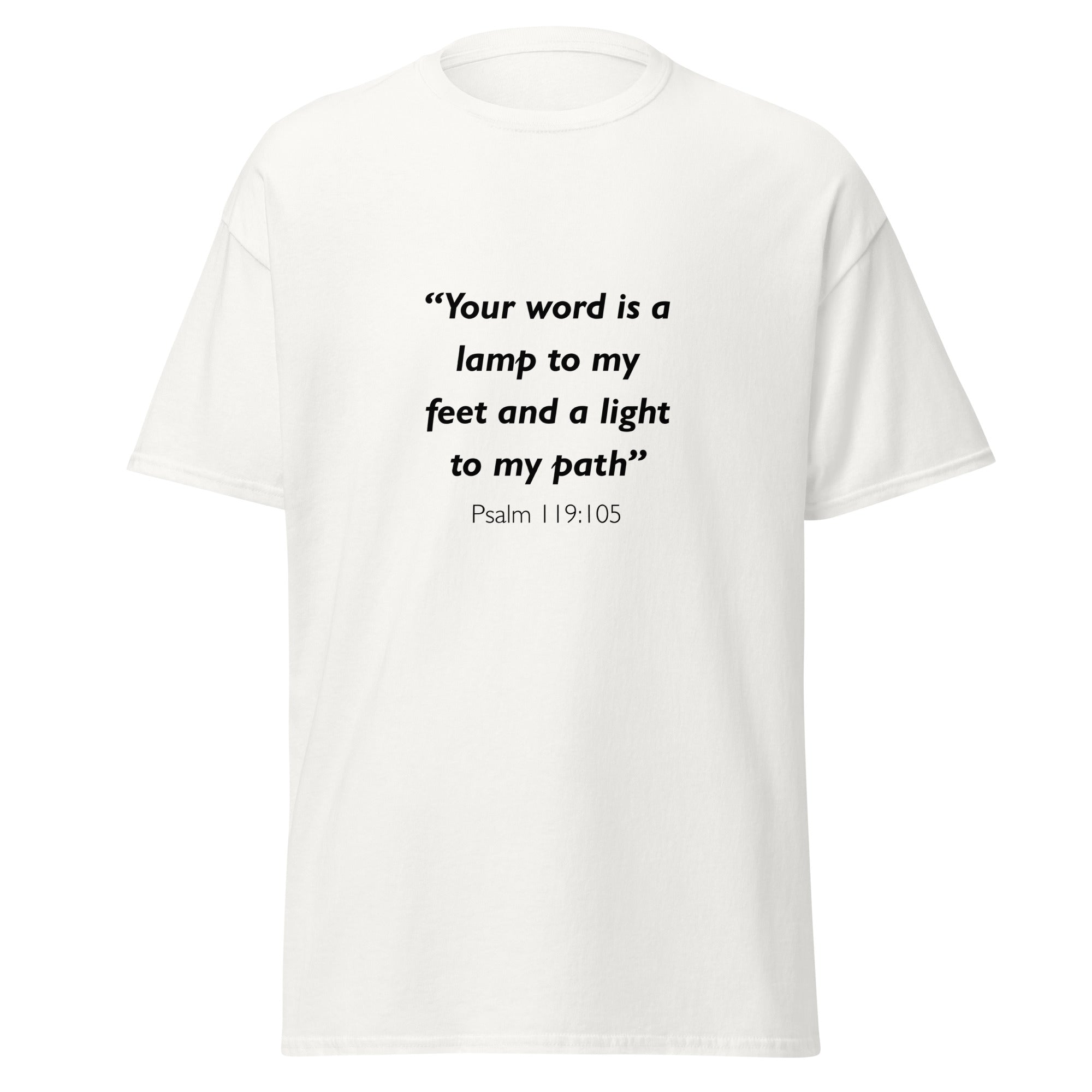 Unisex navy blue t-shirt with Psalm 119:105 Bible verse printed in black text on front