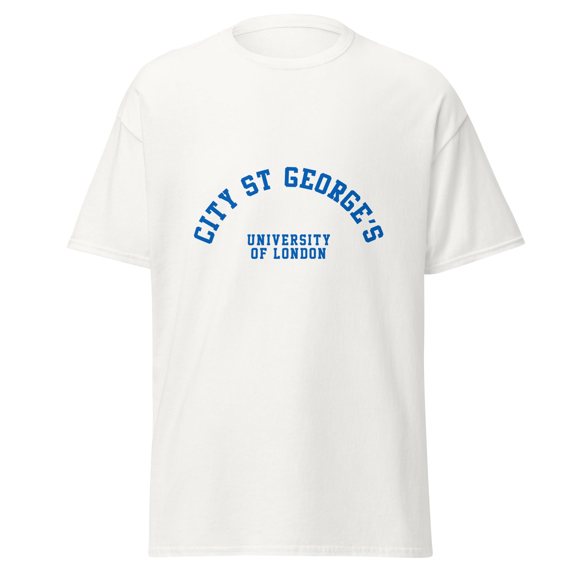 Unisex black t-shirt featuring St George's, University of London logo printed across the front chest