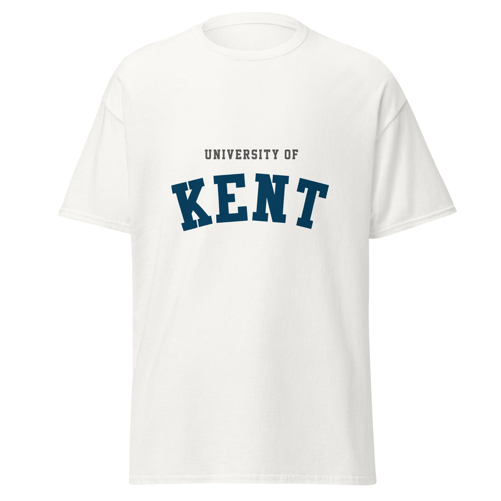 Unisex black t-shirt featuring University of Kent logo printed across the front chest