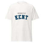 Unisex black t-shirt featuring University of Kent logo printed across the front chest