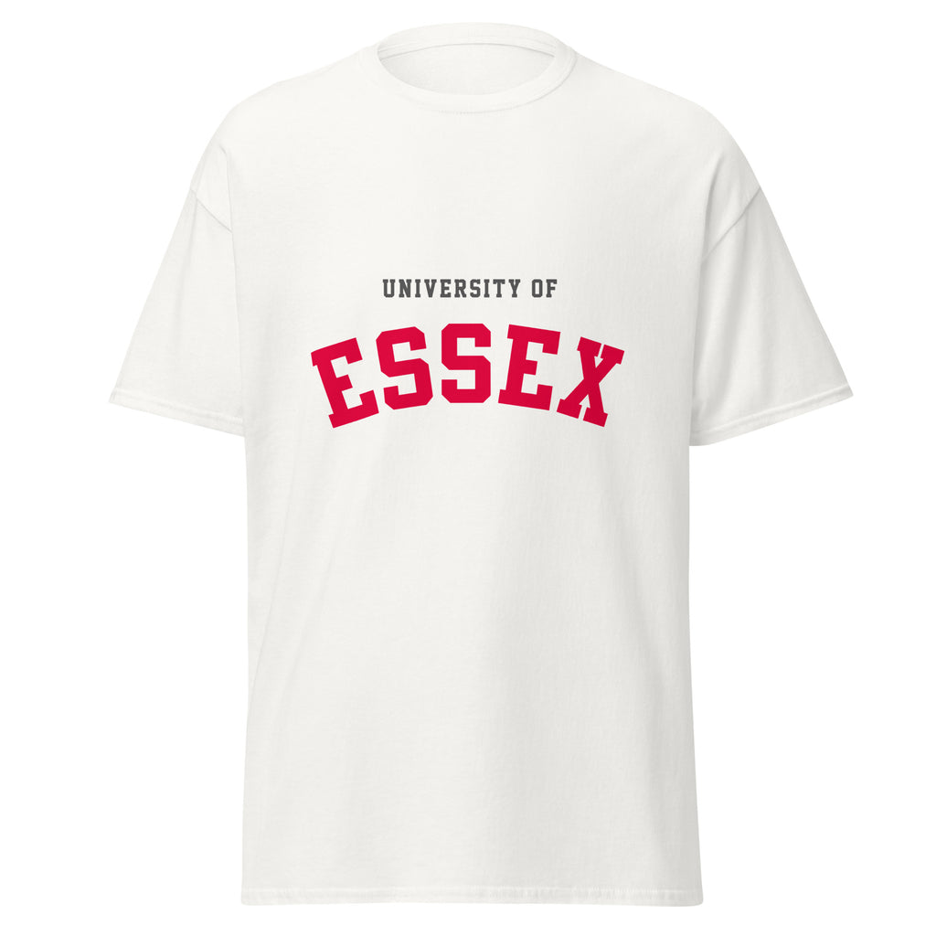 Unisex black t-shirt featuring University of Essex logo printed across the front chest