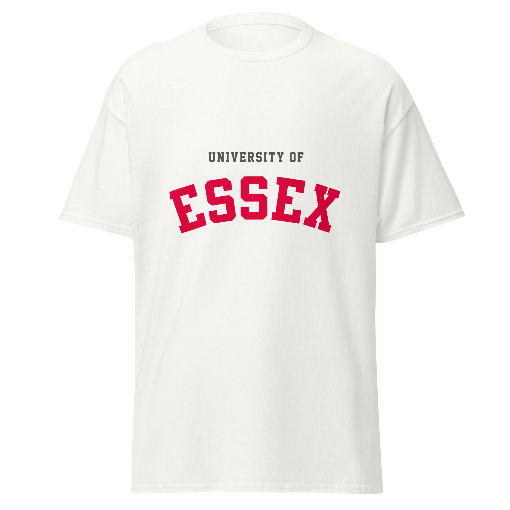 Unisex black t-shirt featuring University of Essex logo printed across the front chest