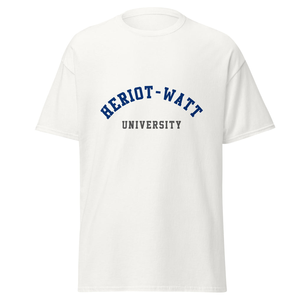 Unisex black t-shirt featuring Heriot-Watt University logo printed across the front chest