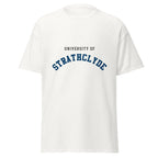 Unisex black t-shirt featuring University of Strathclyde logo printed across the front chest