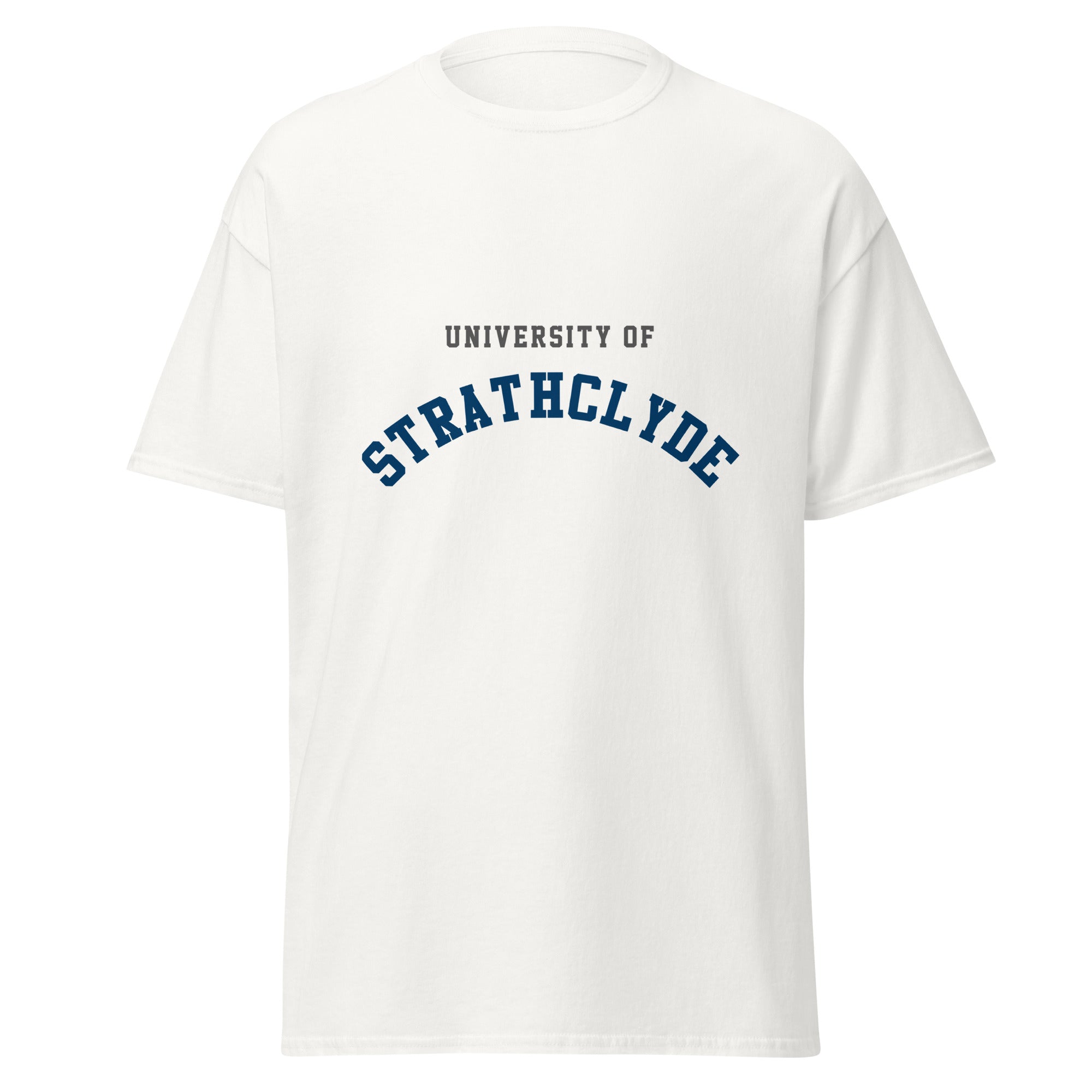 Unisex black t-shirt featuring University of Strathclyde logo printed across the front chest
