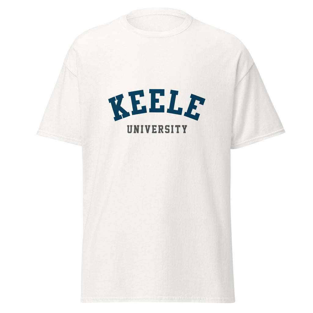 Unisex black t-shirt featuring Keele University logo printed across the front chest