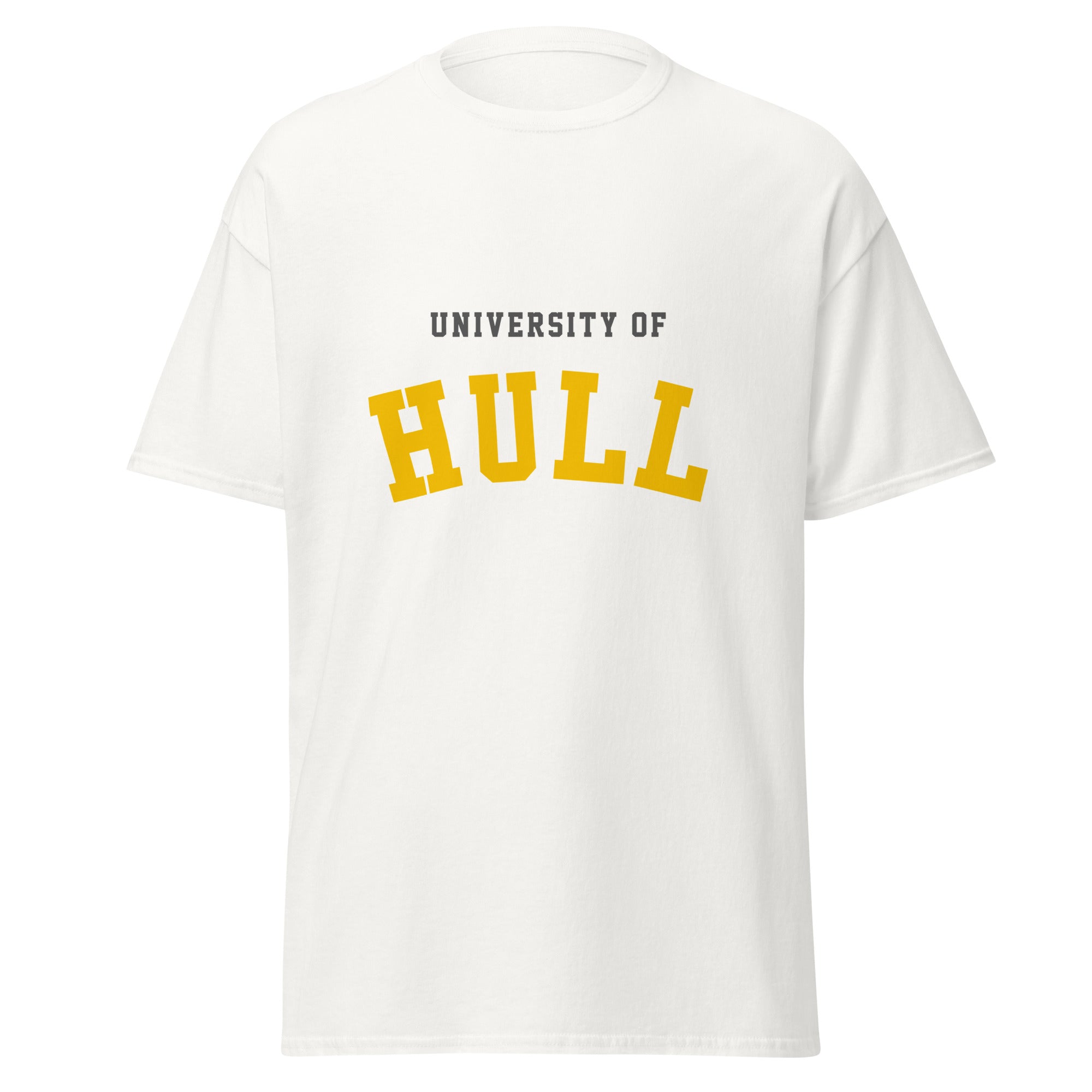 Unisex black t-shirt featuring University of Hull logo printed across the front chest