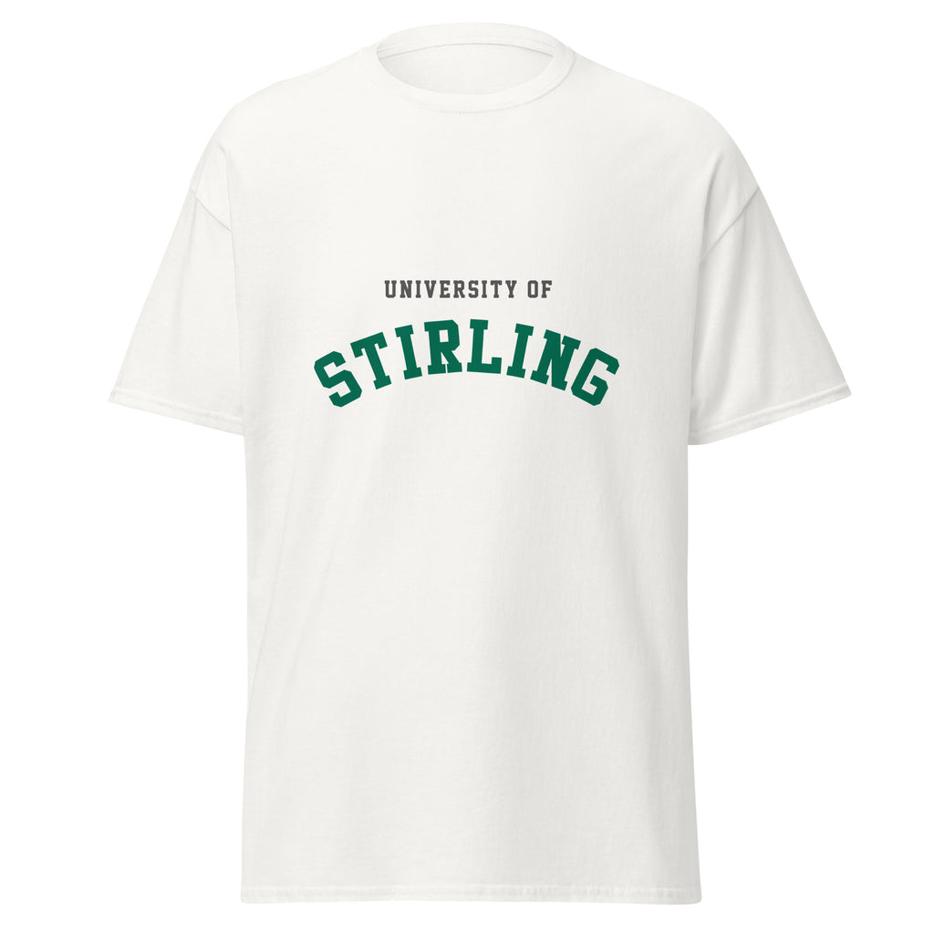 Unisex black t-shirt featuring University of Stirling logo printed across the front chest