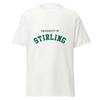 Unisex black t-shirt featuring University of Stirling logo printed across the front chest