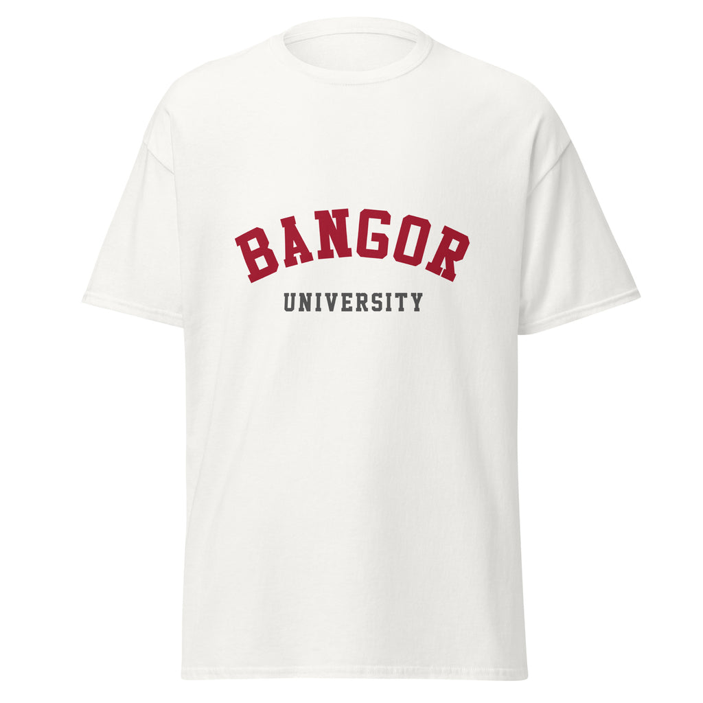 Unisex black t-shirt featuring Bangor University logo printed across the front chest
