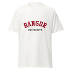 Unisex black t-shirt featuring Bangor University logo printed across the front chest