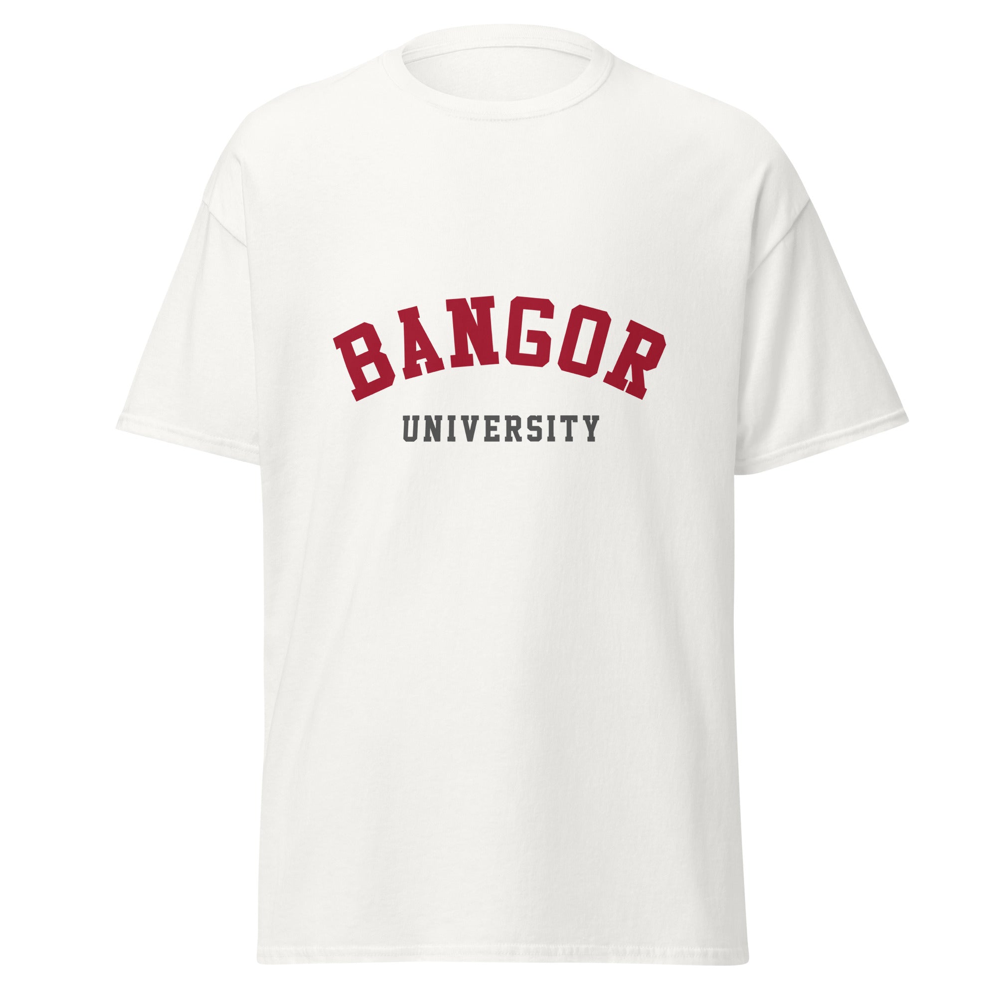 Unisex black t-shirt featuring Bangor University logo printed across the front chest