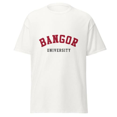 Unisex black t-shirt featuring Bangor University logo printed across the front chest