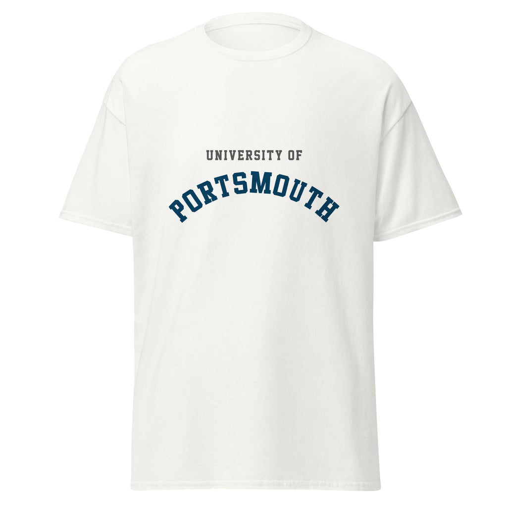 Unisex black t-shirt featuring University of Portsmouth logo printed across the front chest