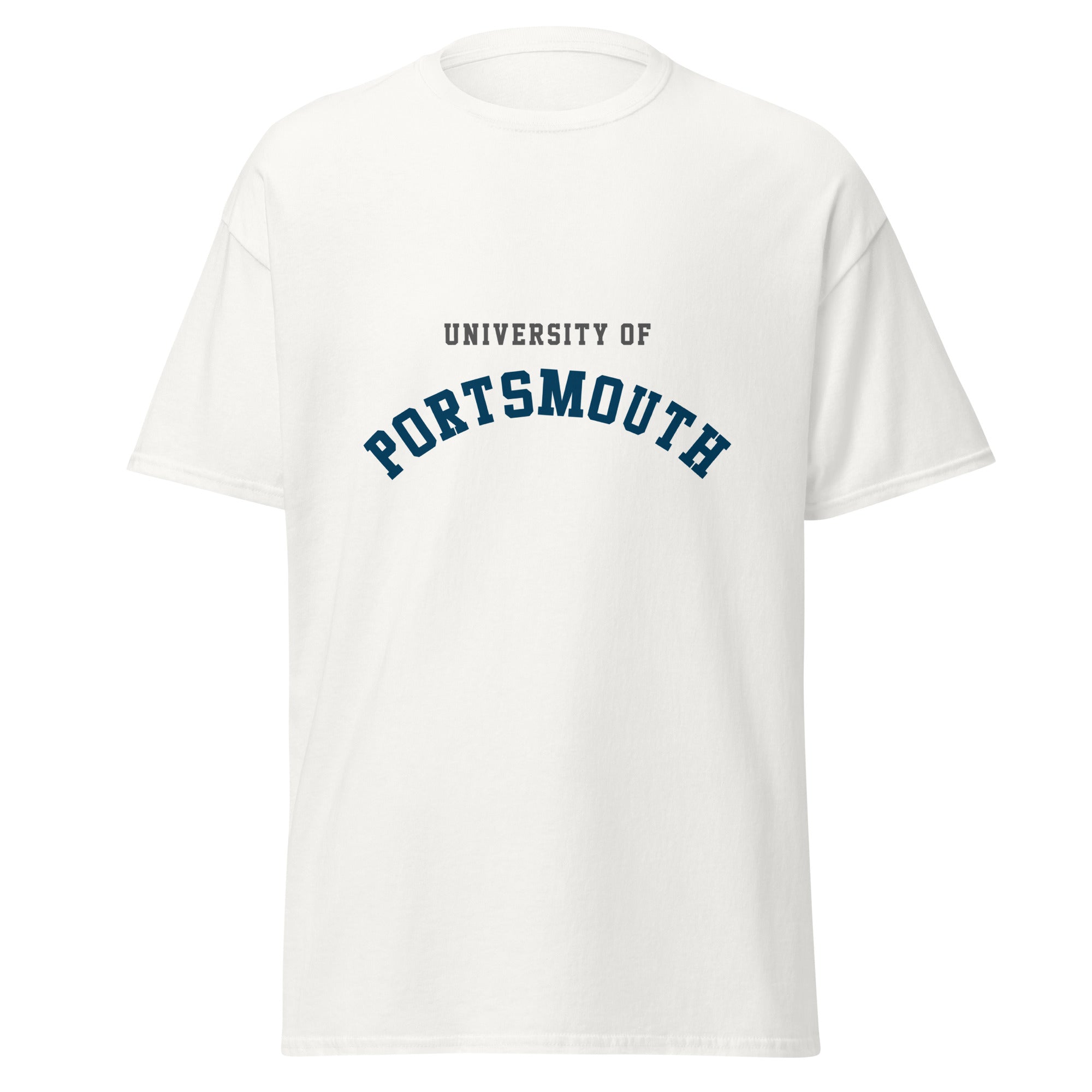 Unisex black t-shirt featuring University of Portsmouth logo printed across the front chest