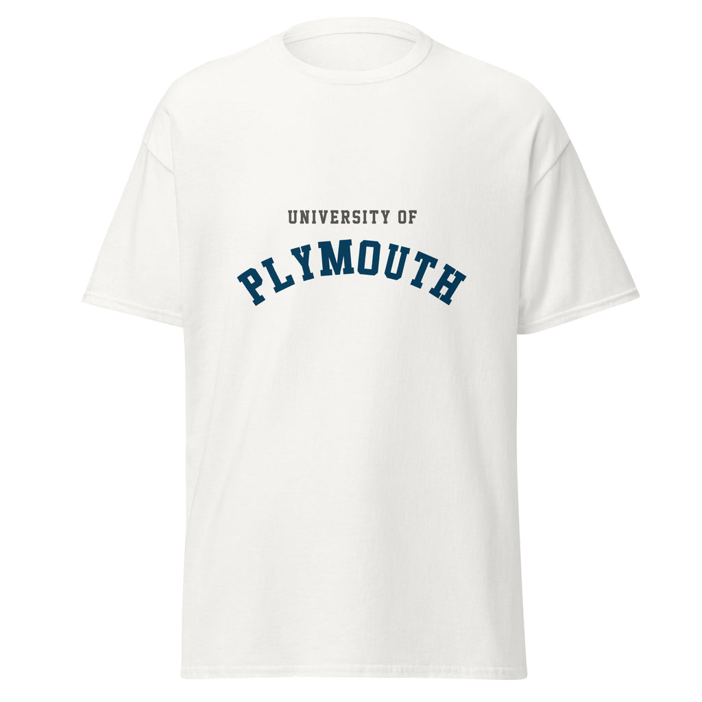 Unisex black t-shirt featuring University of Plymouth logo printed across the front chest