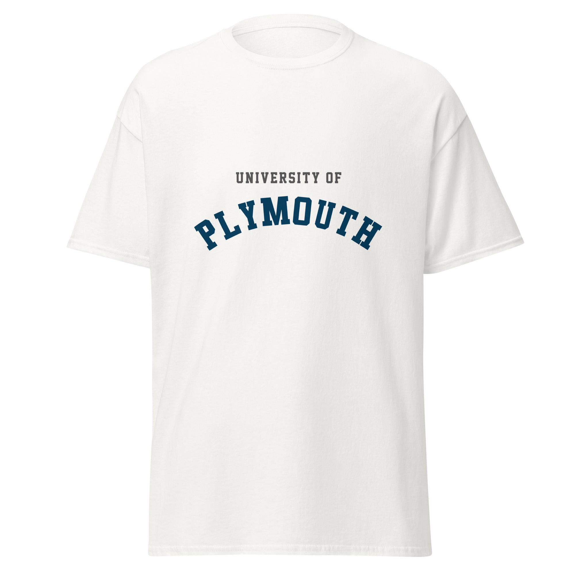 Unisex black t-shirt featuring University of Plymouth logo printed across the front chest