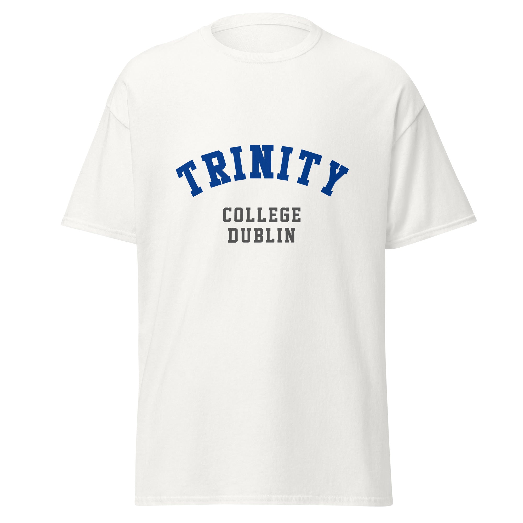 Unisex black t-shirt featuring Trinity College Dublin logo printed across the front chest