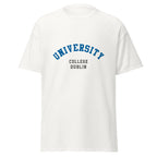 Unisex black t-shirt featuring University College Dublin logo printed across the front chest