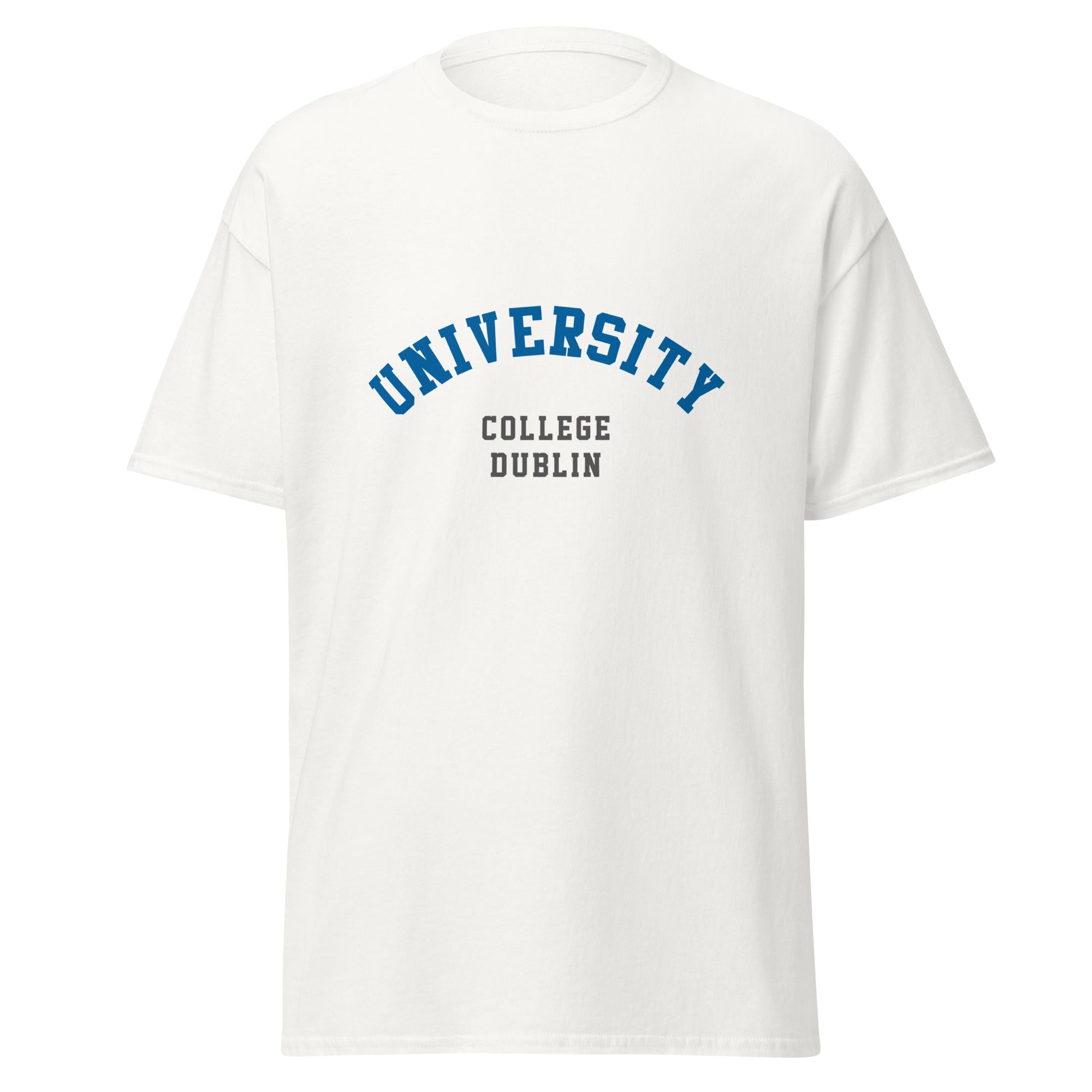 Unisex black t-shirt featuring University College Dublin logo printed across the front chest