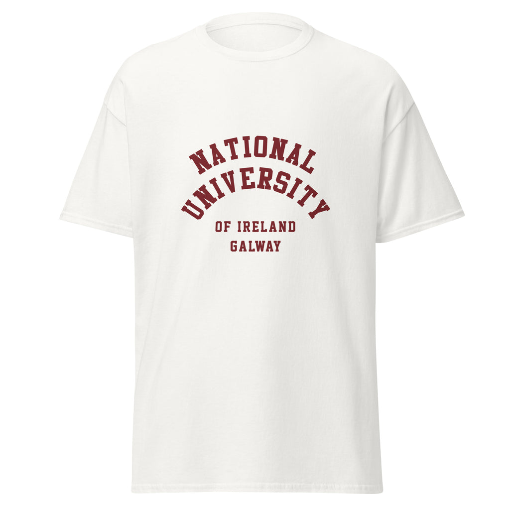 Unisex black t-shirt featuring National University of Ireland Galway logo printed across the front chest