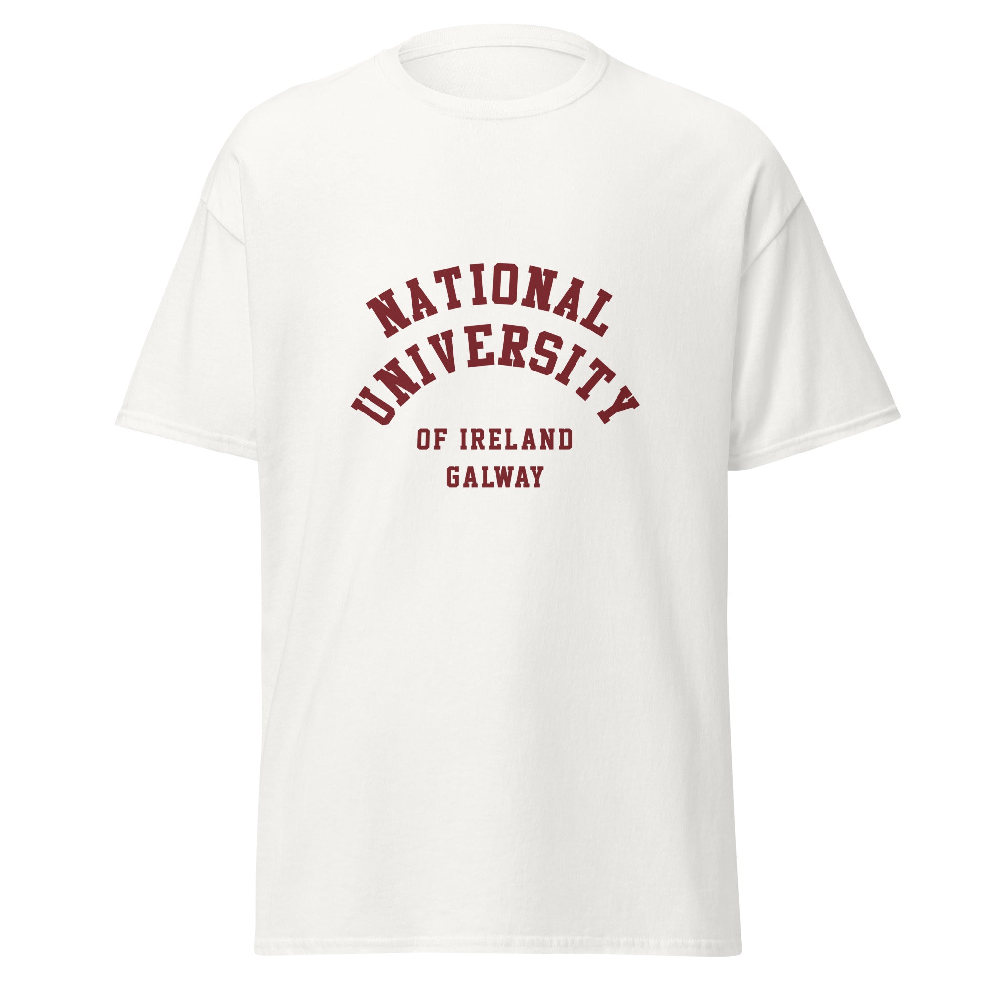 Unisex black t-shirt featuring National University of Ireland Galway logo printed across the front chest