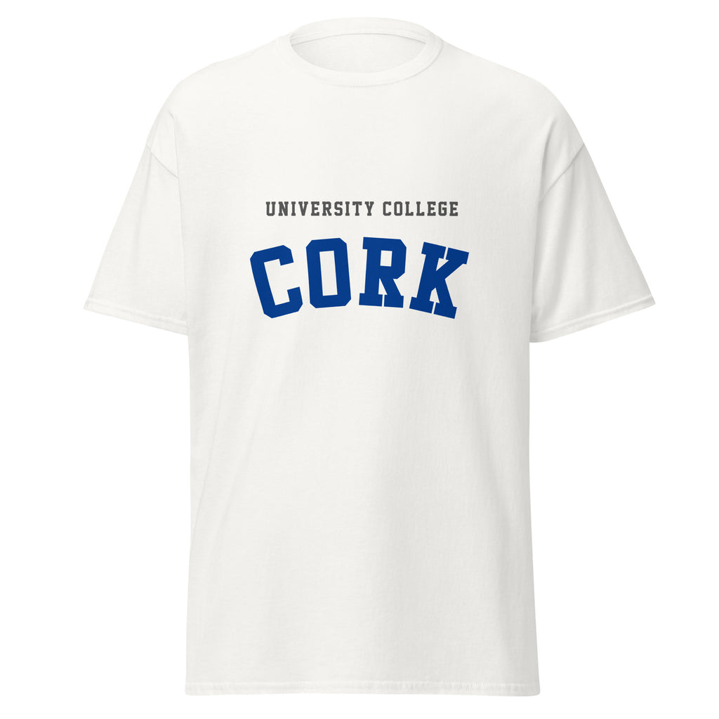 Unisex black t-shirt featuring University College Cork logo printed across the front chest
