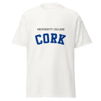 Unisex black t-shirt featuring University College Cork logo printed across the front chest