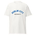 Unisex black t-shirt featuring Dublin City University logo printed across the front chest