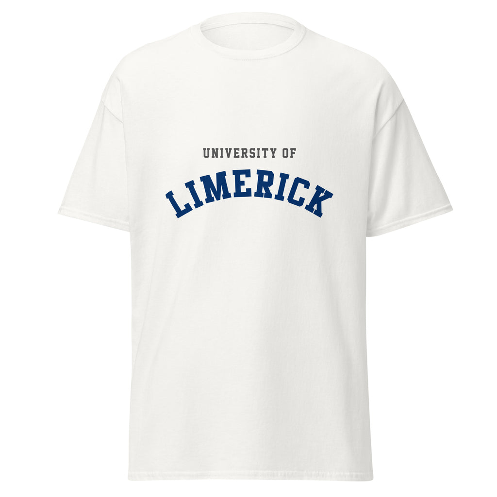 Unisex black t-shirt featuring University of Limerick logo printed across the front chest