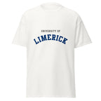 Unisex black t-shirt featuring University of Limerick logo printed across the front chest