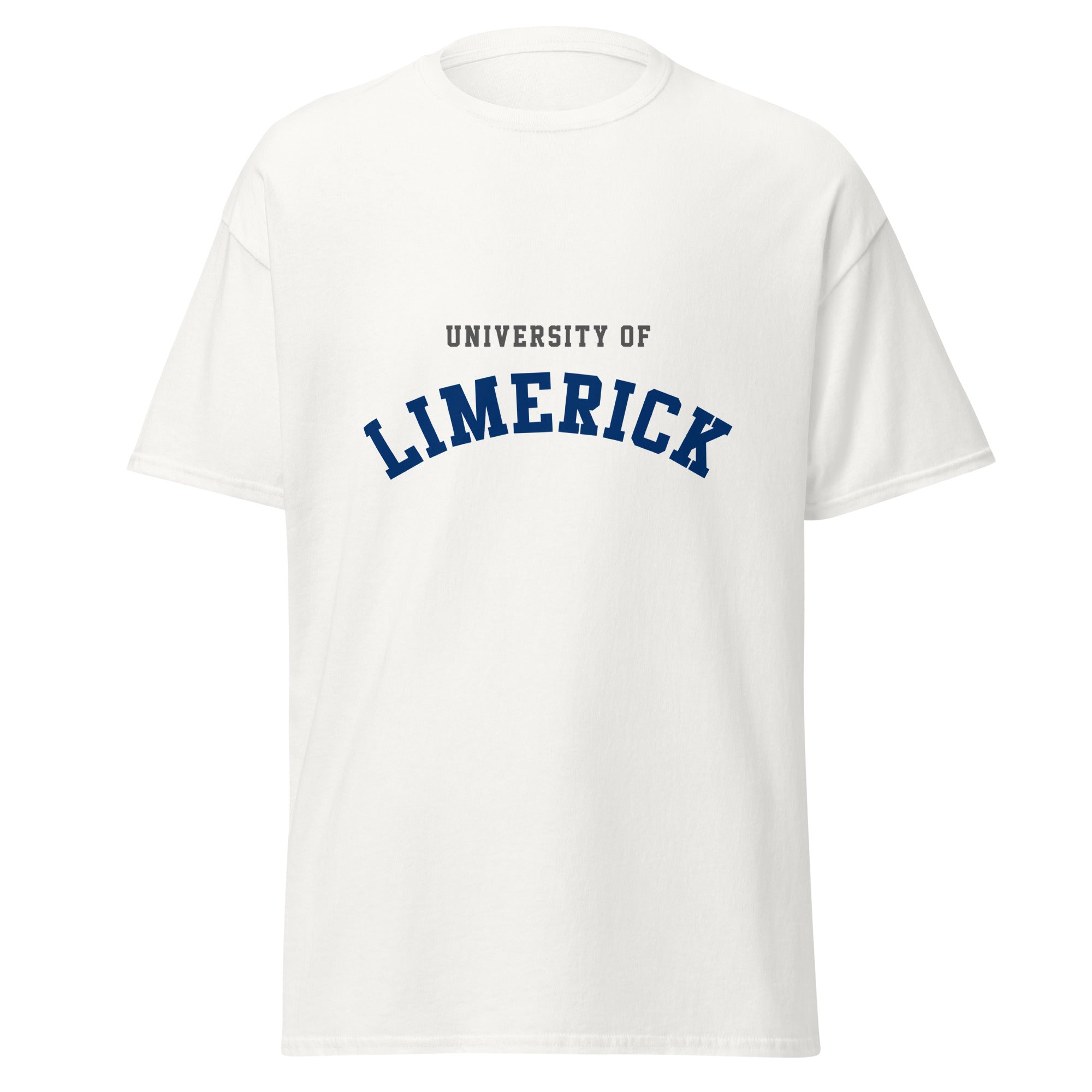 Unisex black t-shirt featuring University of Limerick logo printed across the front chest